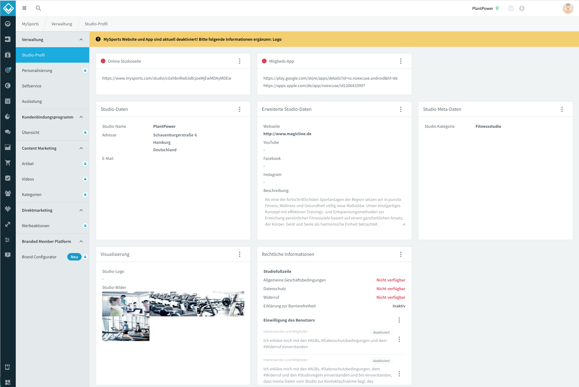 Screenshot of the Studio Profile section