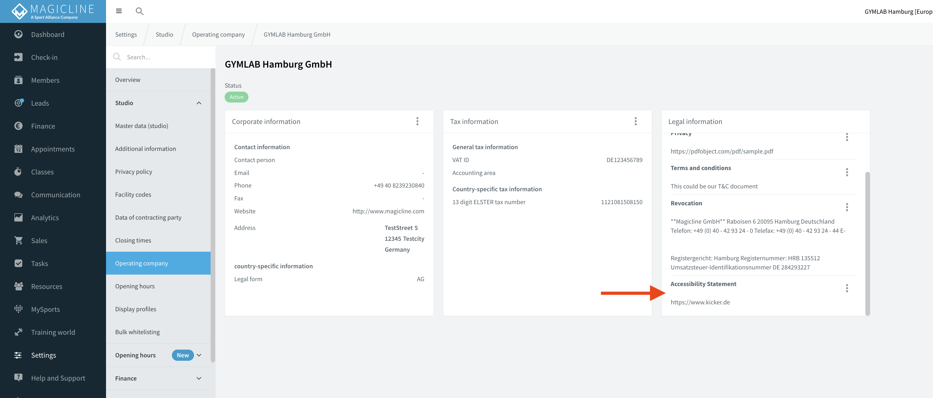 Screenshot Magicline Backend Accessibility Statement