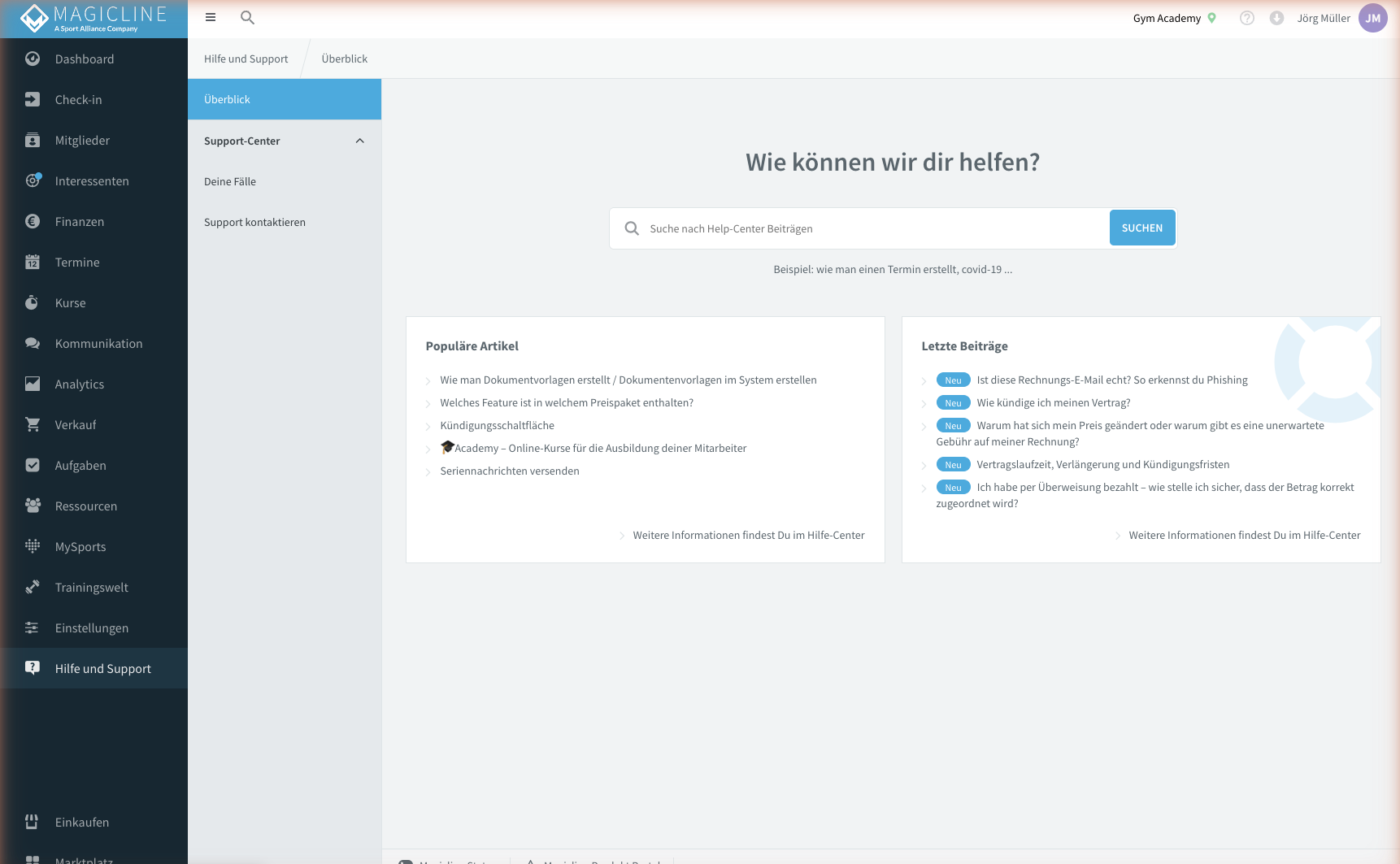 Untermenü Support-Center mit dem Eintrag Support kontaktieren