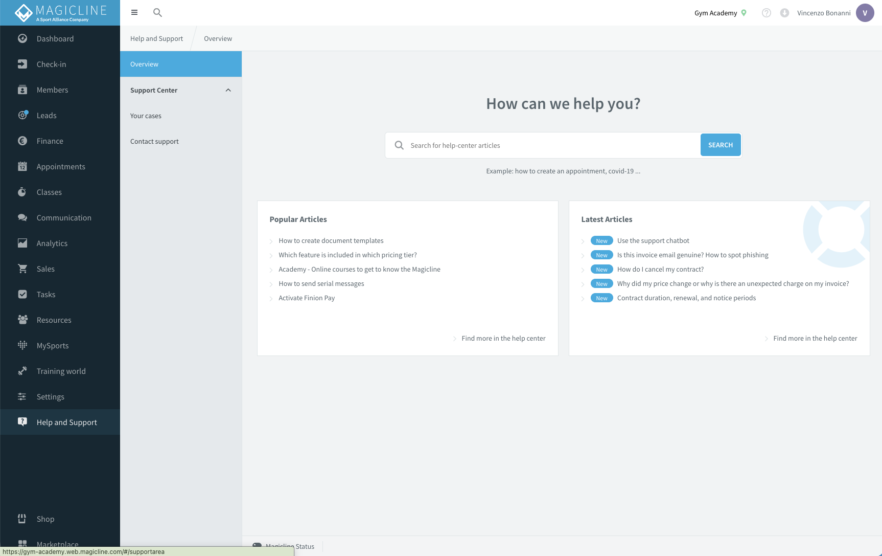 Left navigation with the Help and Support entry