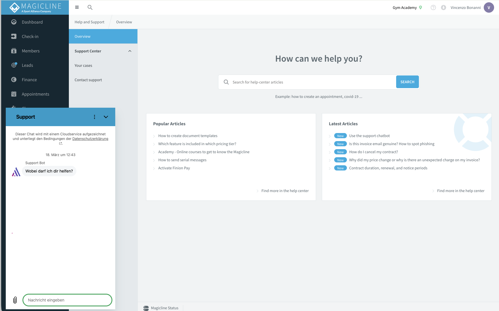Support Center sub-menu with the Contact support entry