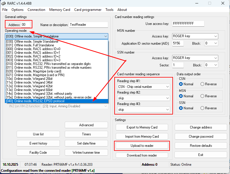 RARC: Operating mode, indirizzo e Card number reading sequence