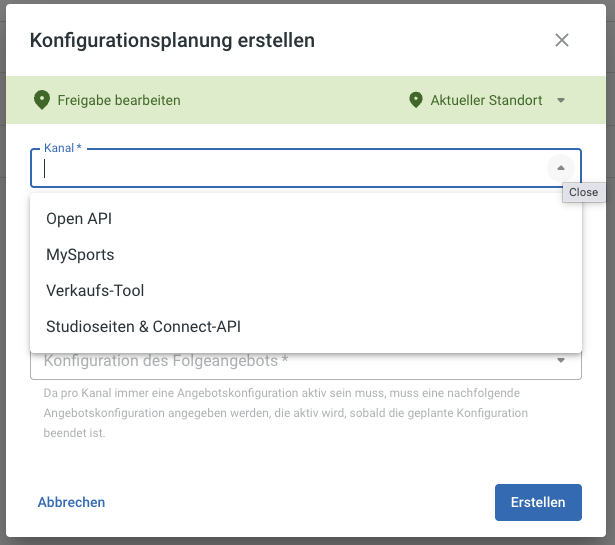 Dialog Konfigurationsplanung erstellen mit Kanal-Auswahl