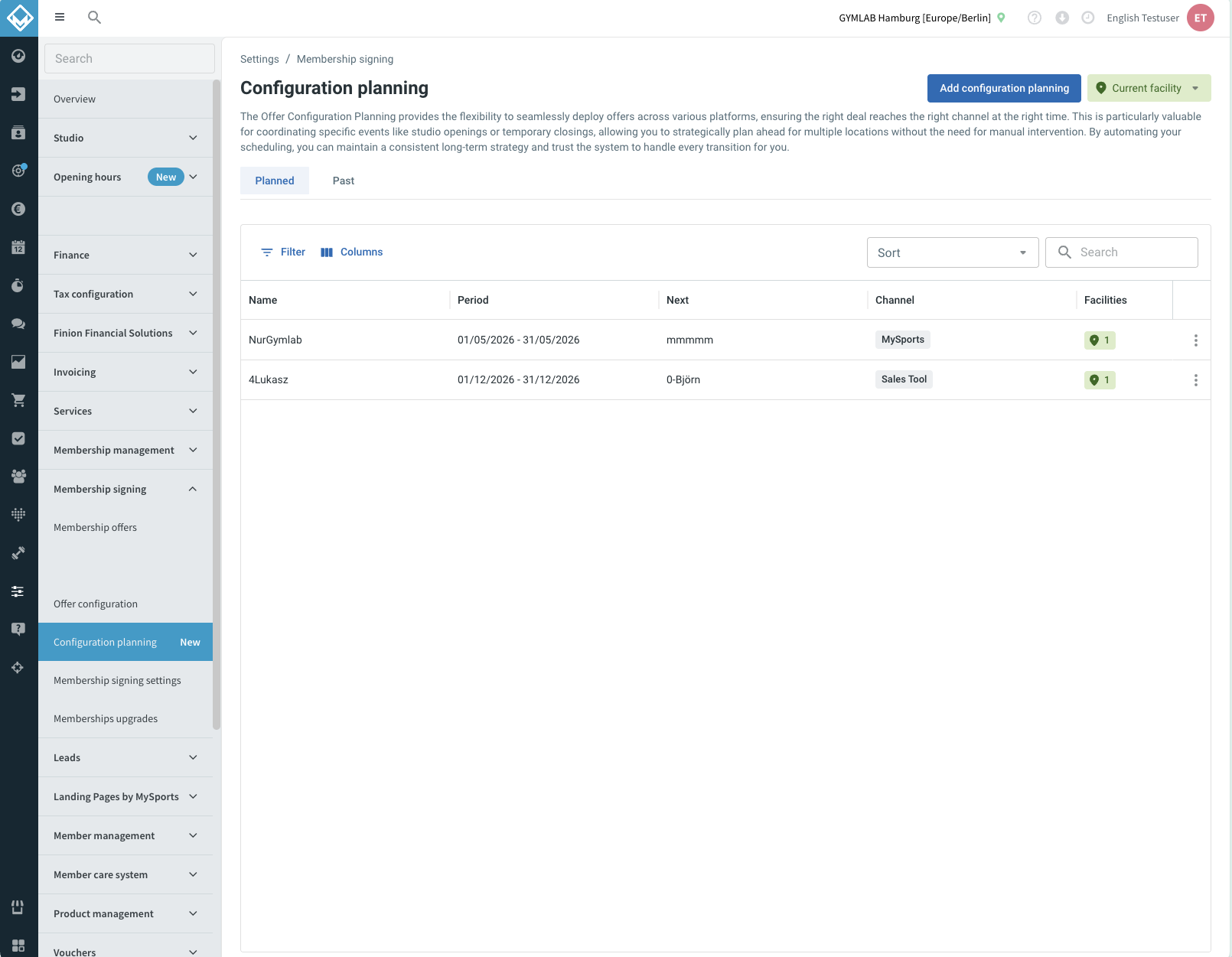 Overzicht Configuration planning met het tabblad Planned