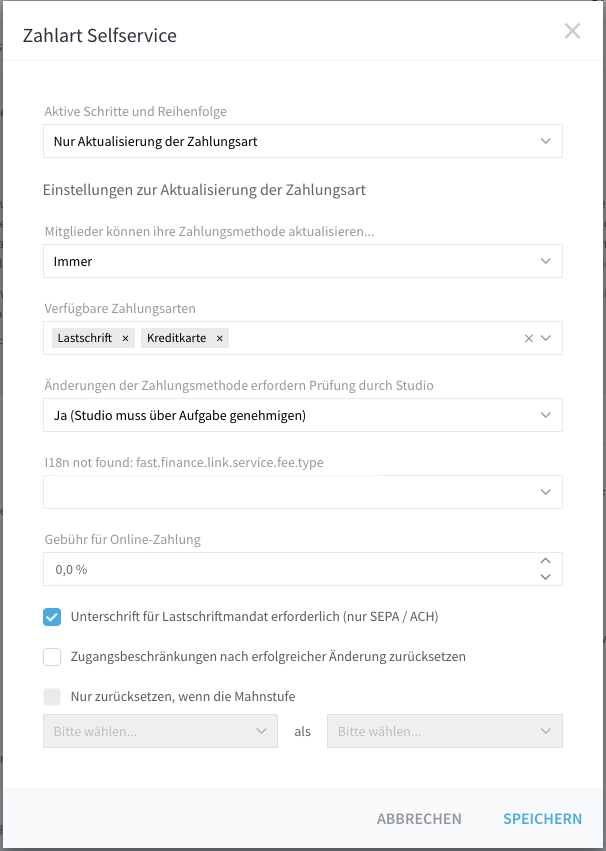 Dialog Zahlart Selfservice mit Aktive Schritte und Reihenfolge, Verfügbare Zahlungsarten und weiteren Einstellungen