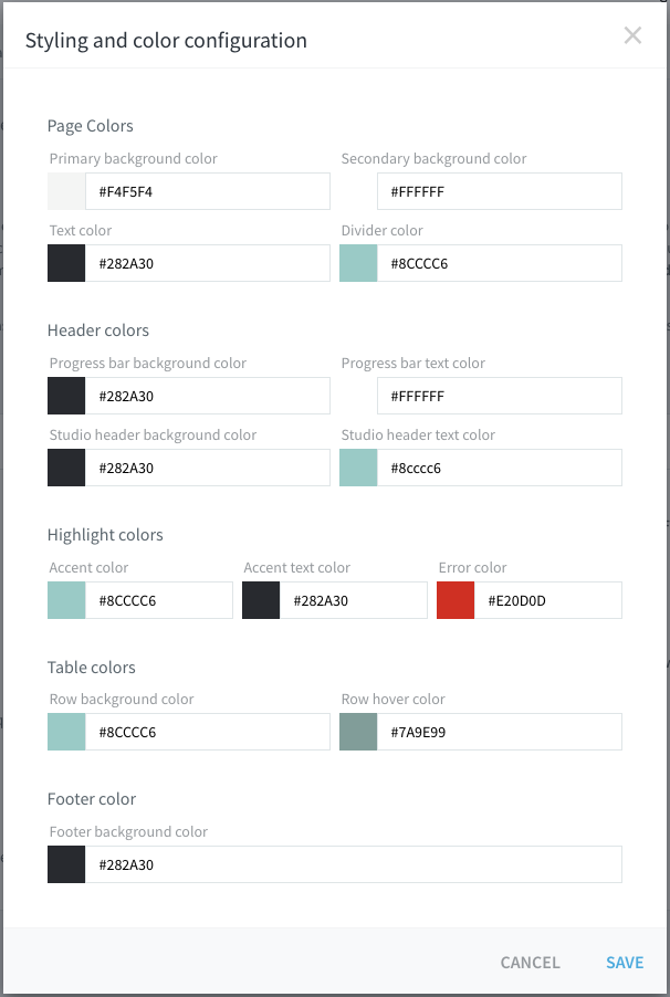 Styling and color configuration dialog with all color groups Page Colors, Header colors, Highlight colors, Table colors, and Footer color