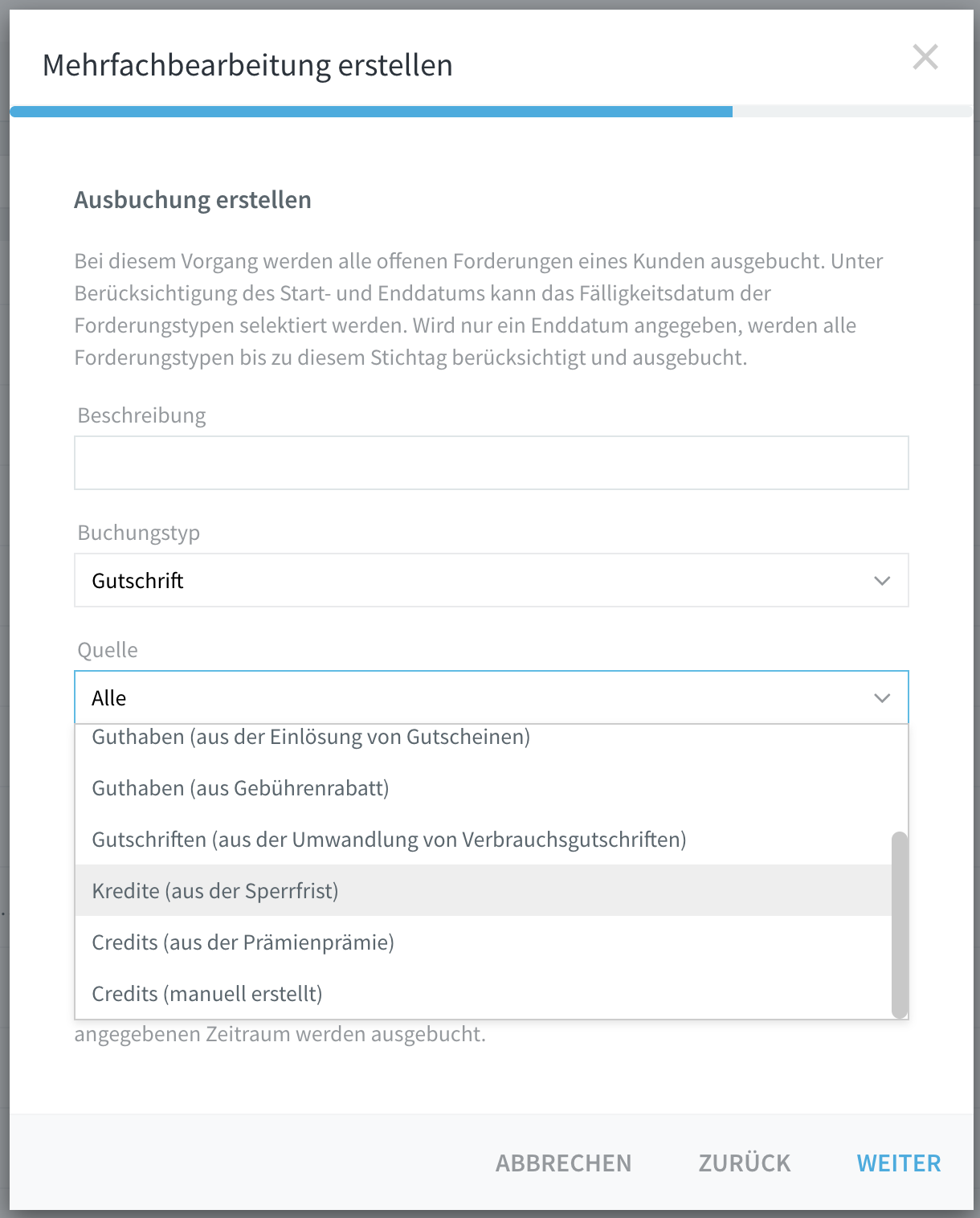 Quelle Dropdown geöffnet mit allen Guthaben-Quellen