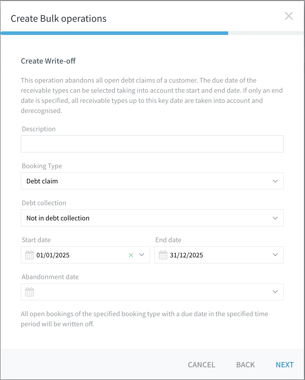 Wizard step 3 with Booking type Credit and Start, End, Abandonment date