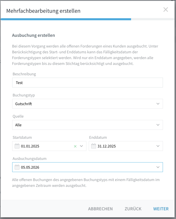 Wizard Schritt 3 mit Buchungstyp Gutschrift und Start-, End- und Ausbuchungsdatum