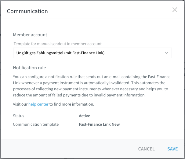 Finestra Communication con Template for manual sendout e Notification rule status