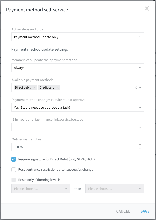 Dialoogvenster Payment method self-service met Active steps and order, Available payment methods en aanvullende instellingen