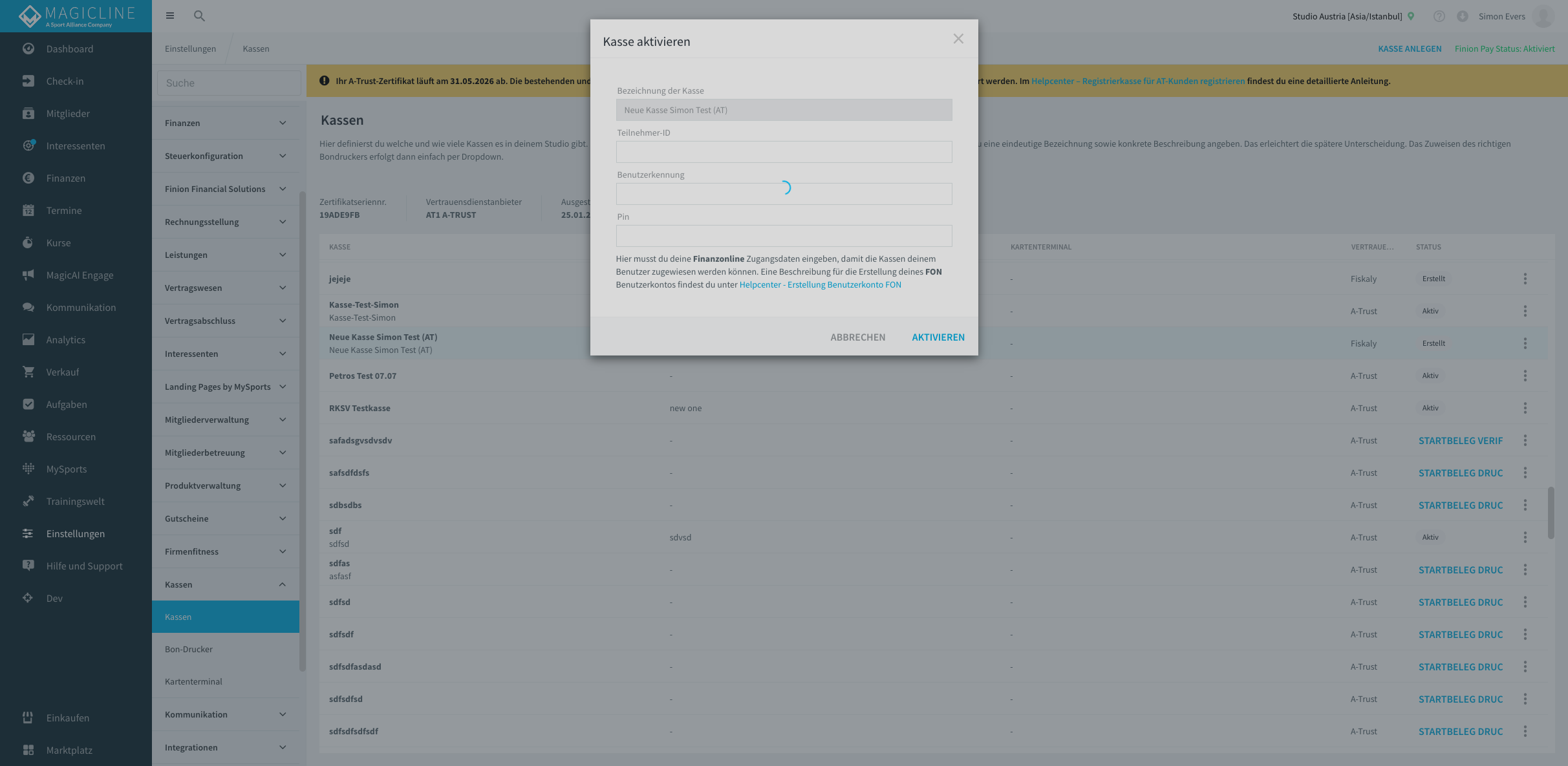 Activate cash register dialog with the fields cash register name, Participant ID, User identification and PIN
