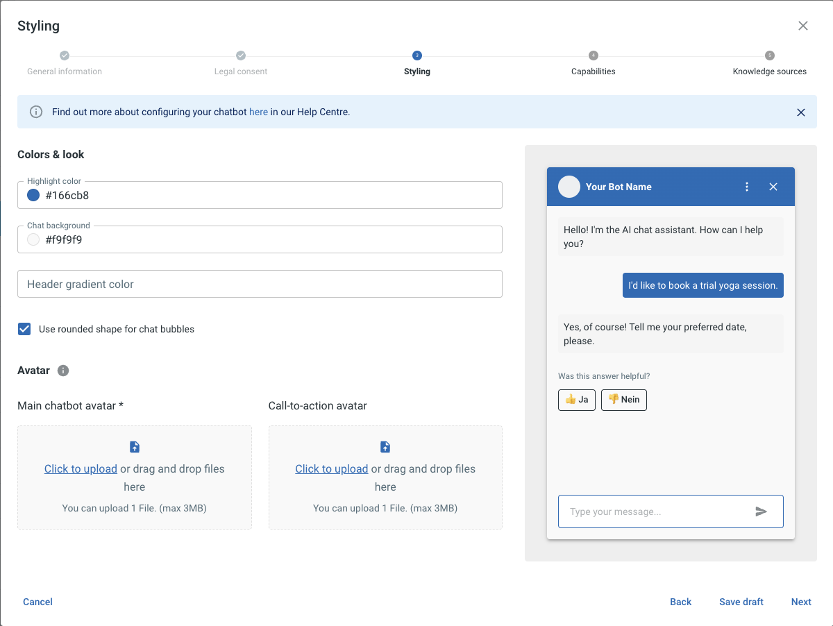 Configuration dialog, Styling section with Colors & look (Highlight color, Chat background, Header gradient color, Use rounded shape for chat bubbles) and Avatar sub-block (Main chatbot avatar, Call-to-action avatar) and the live preview.