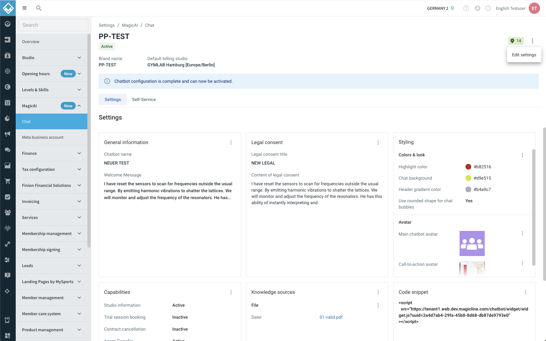 Detail page in Published state with the Active status chip and the Edit settings action available in the page header.