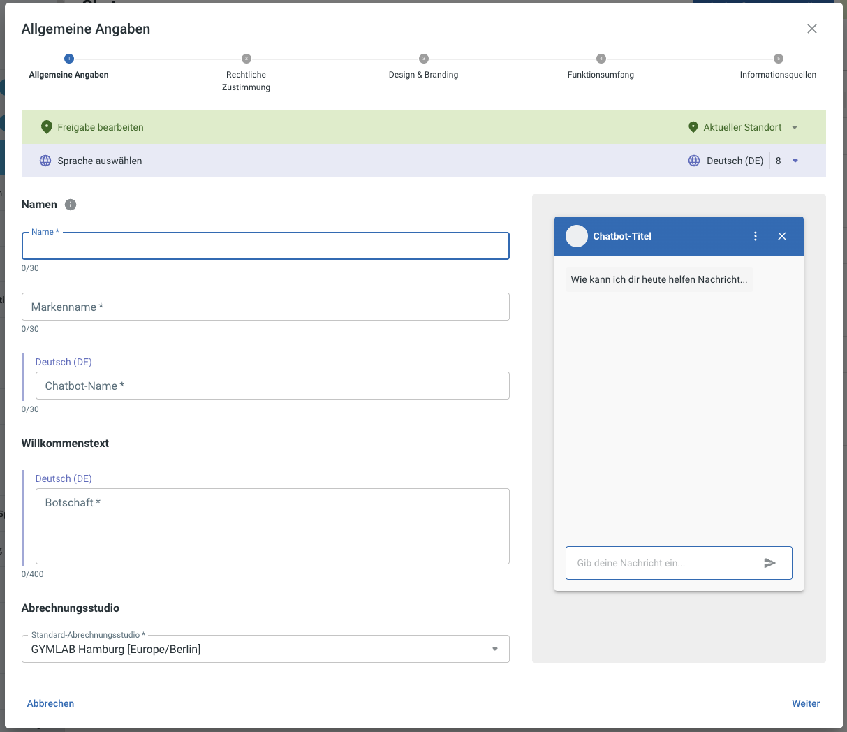 Konfigurations-Dialog, Sektion Allgemeine Informationen mit den Sub-Blöcken Namen, Begrüßungsnachricht und Abrechnungsstudio.