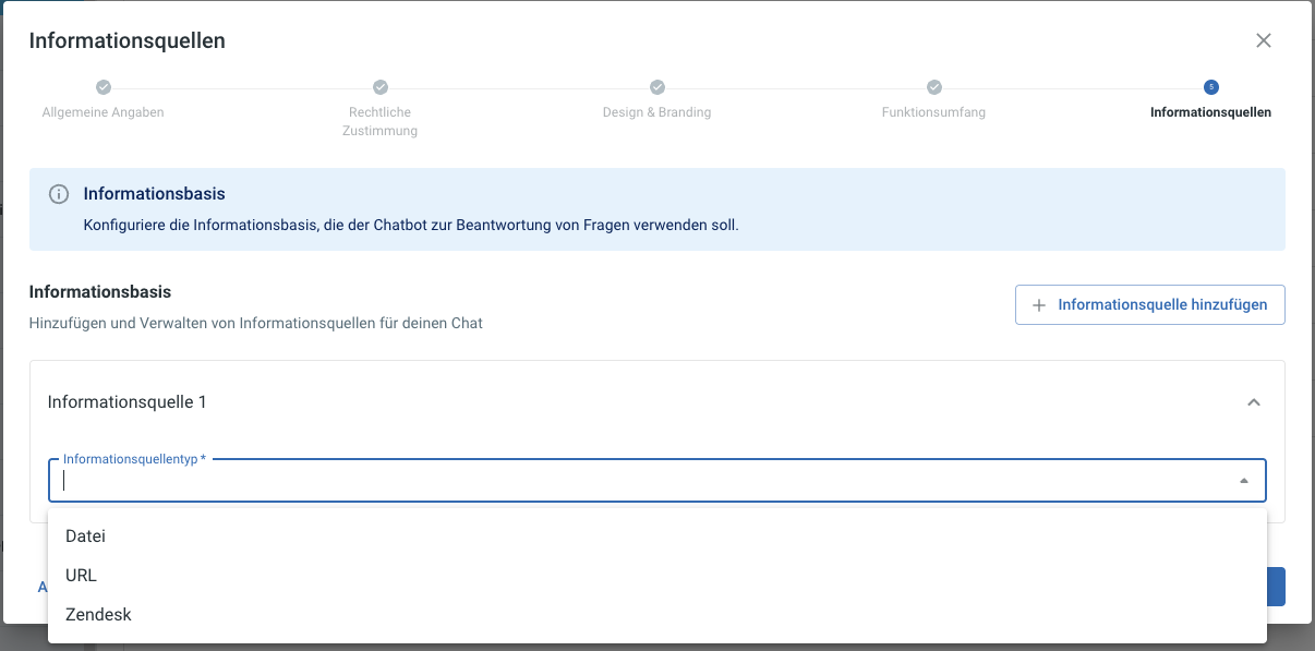 Konfigurations-Dialog, Sektion Informationsquellen mit der Aktion + Informationsquelle hinzufügen und dem Source-Type-Auswahl-Feld.