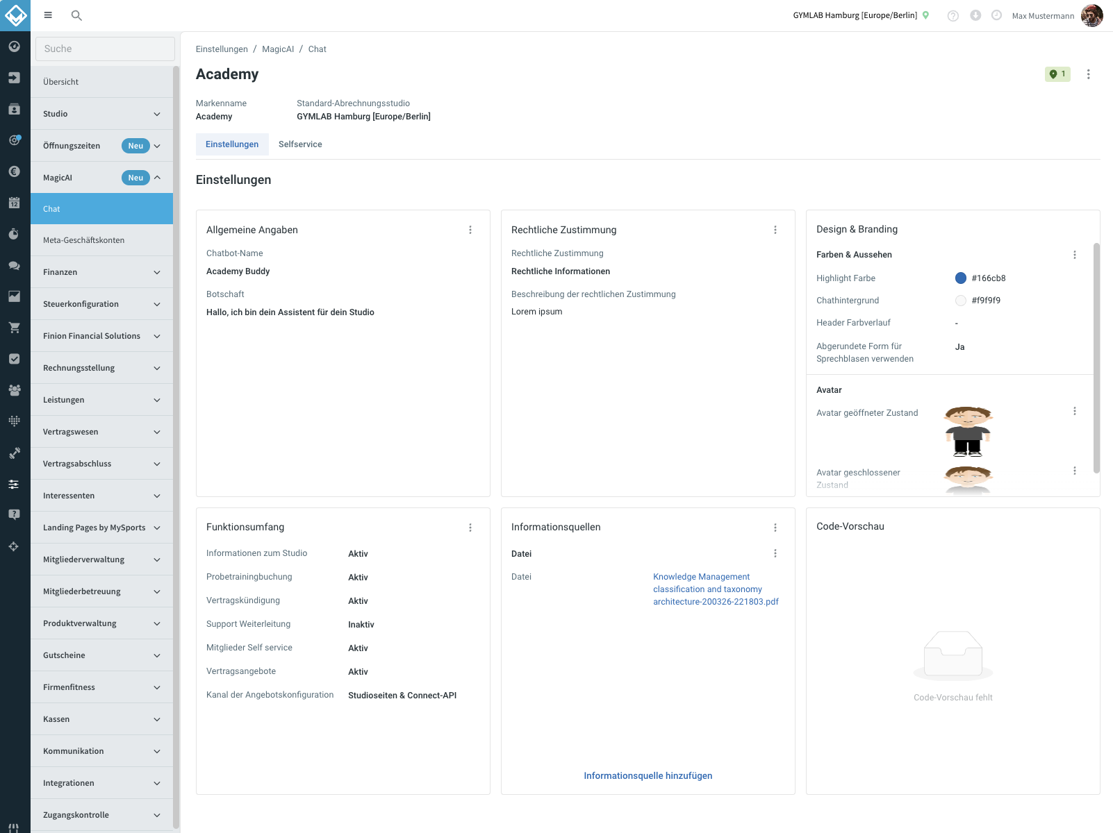 Detailansicht im Entwurfsstatus mit Entwurfs-Chip, Alert-Banner, Settings- / Self-Service-Tabs und allen Karten.