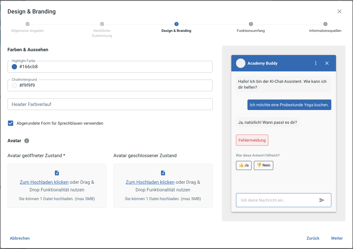 Konfigurations-Dialog, Sektion Design mit Farben & Erscheinungsbild und Avatar-Block plus Live-Vorschau.