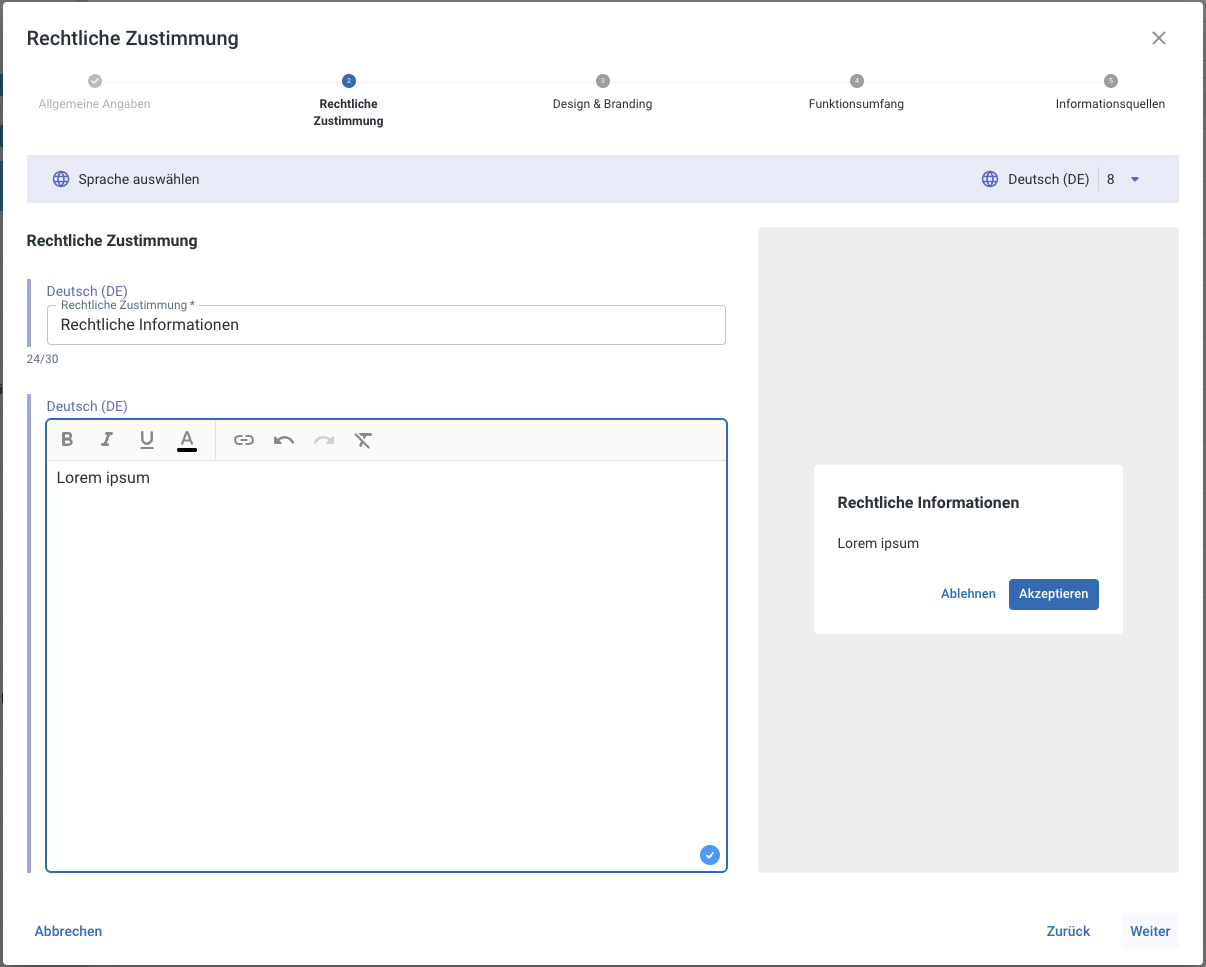 Konfigurations-Dialog, Sektion Rechtliche Einwilligung mit Titel- und Inhaltsfeld sowie der Vorschau des Ablehnen-/Akzeptieren-Dialogs für Mitglieder.