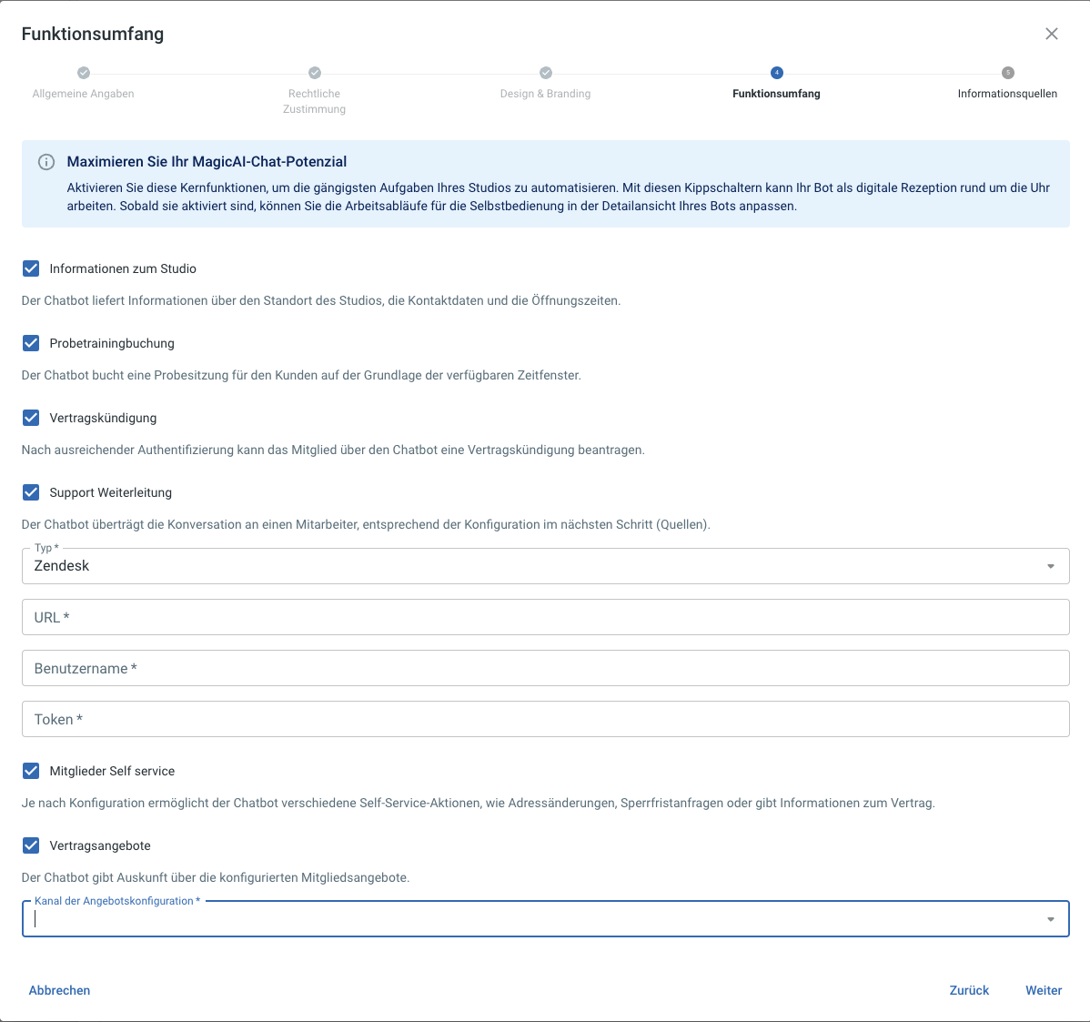 Felder für die Zendesk-Verbindung: URL, Username, Token.