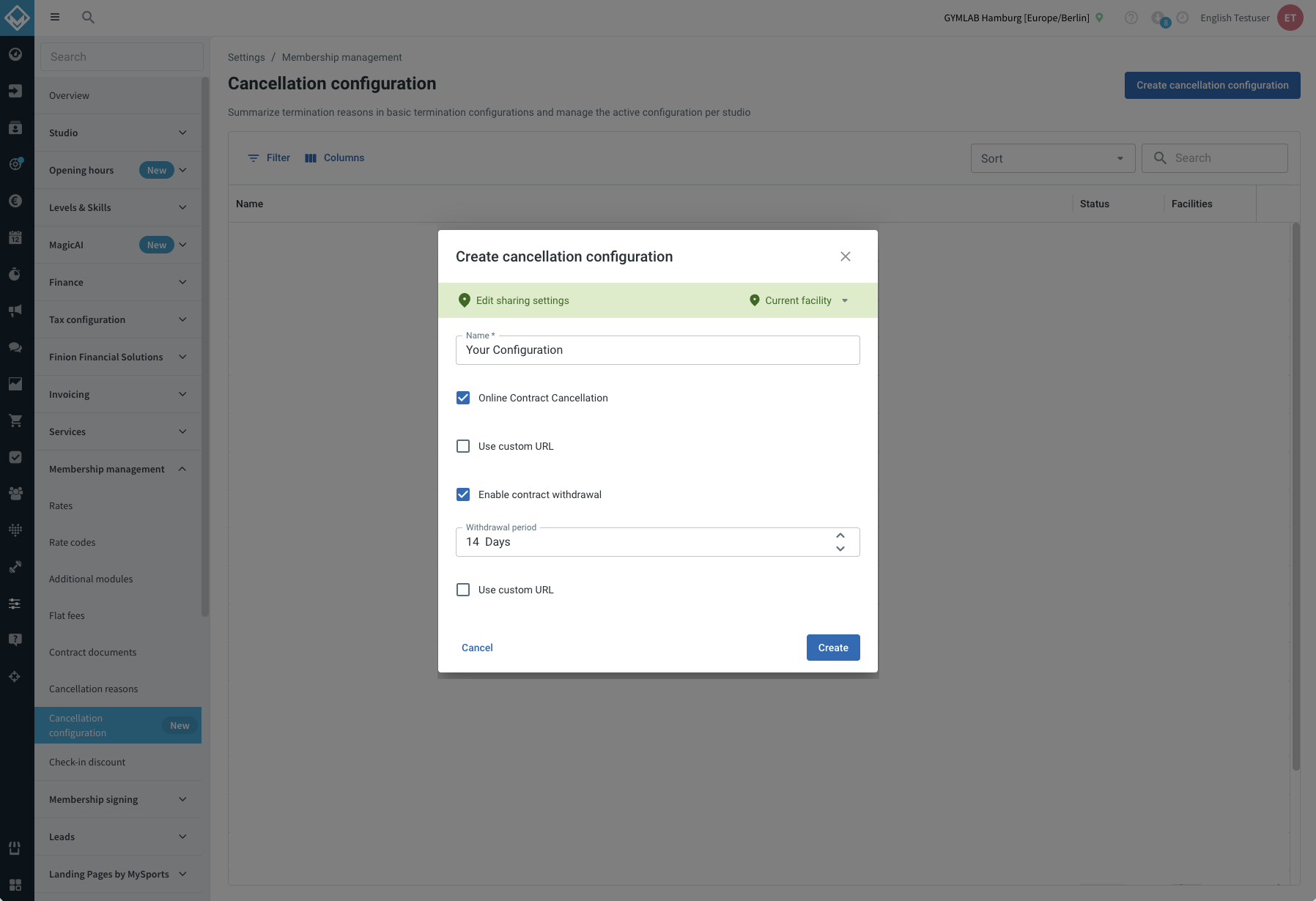 Create cancellation configuration dialog with the Enable contract withdrawal option and the withdrawal period set to 14 days