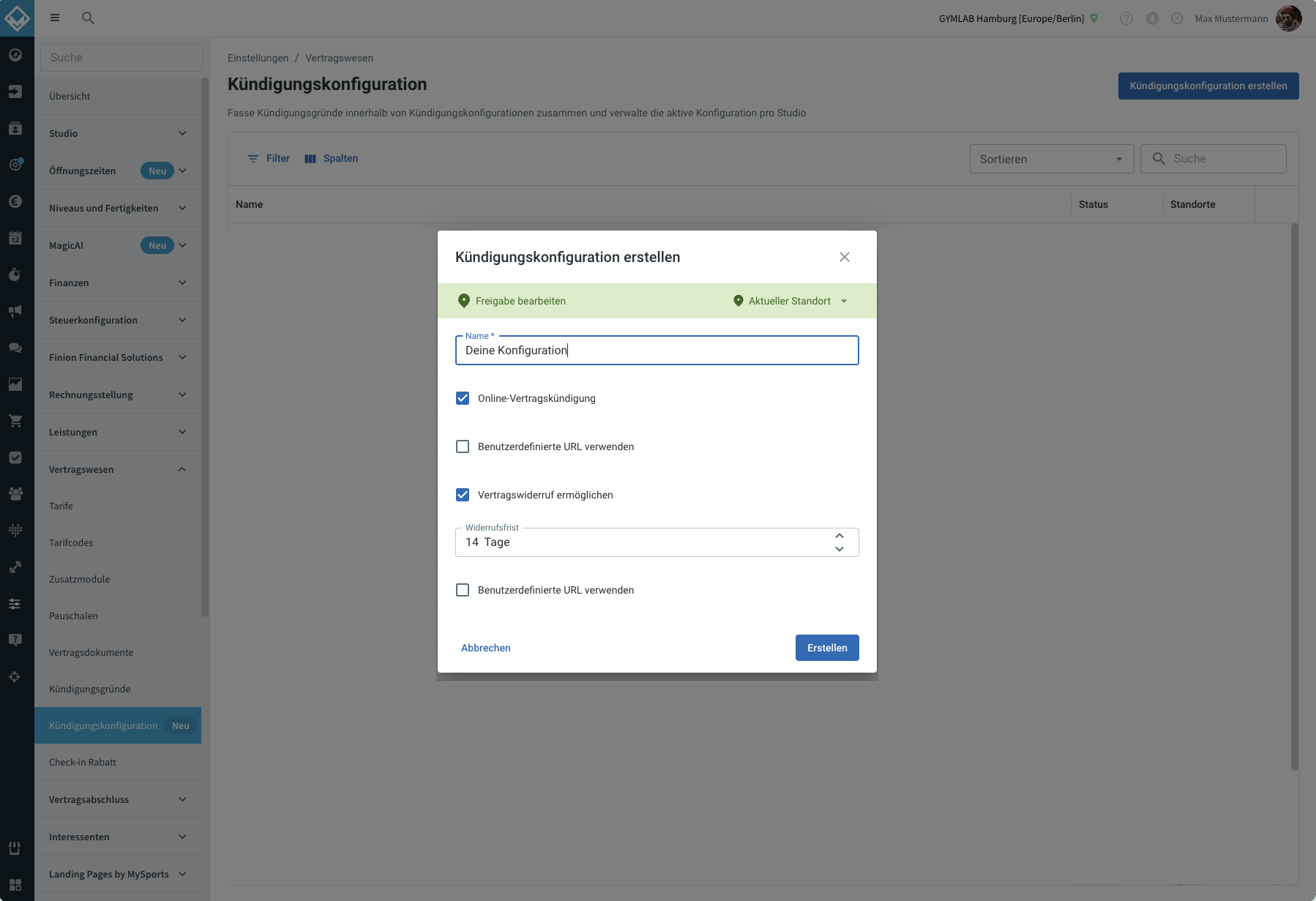 Dialog Kündigungskonfiguration erstellen mit der Option Vertragswiderruf ermöglichen und der Widerrufsfrist von 14 Tagen
