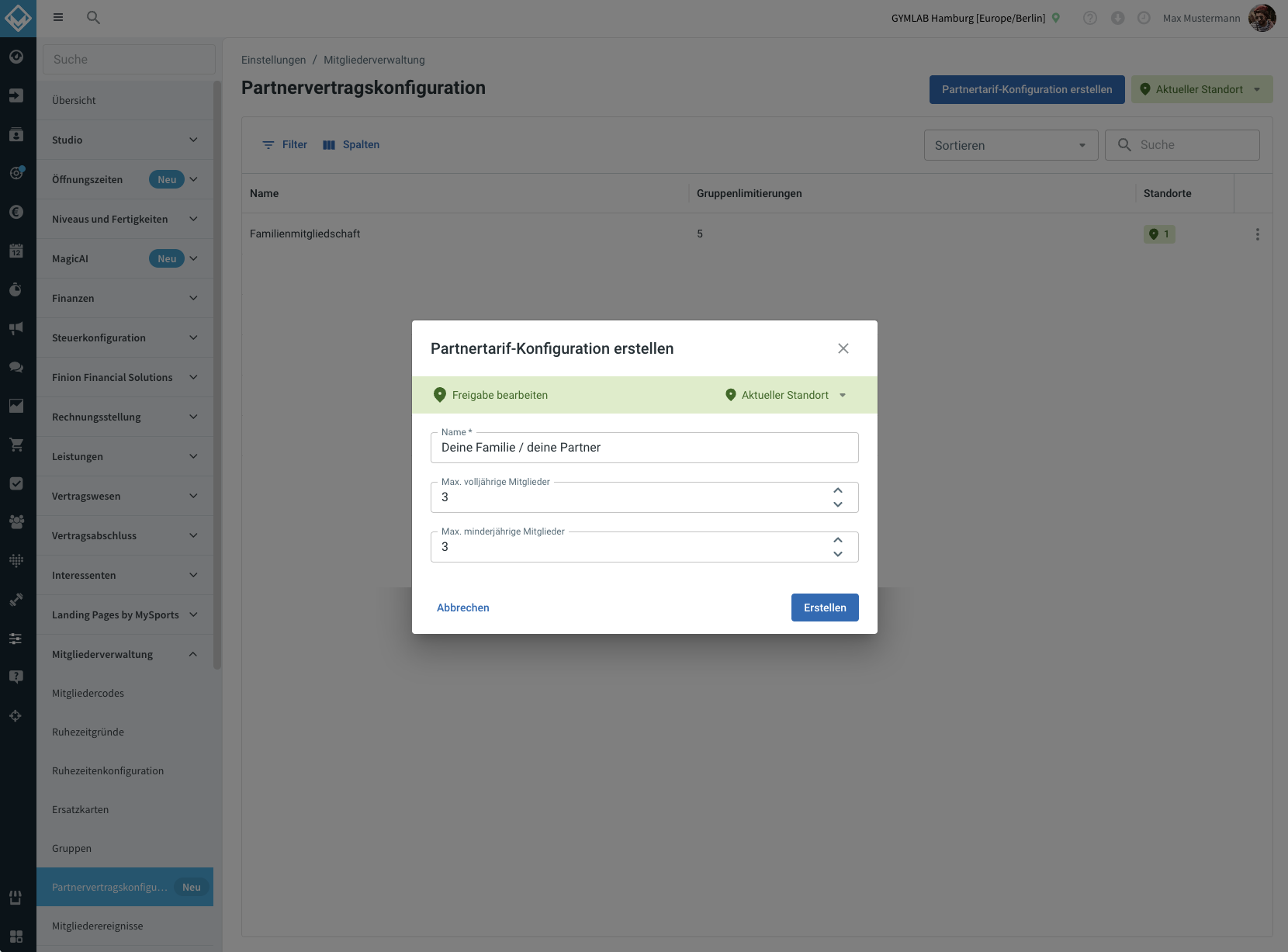 Dialog Partnertarif-Konfiguration erstellen mit Name, Freigabe und den Quoten für volljährige und minderjährige Mitglieder