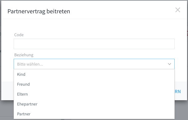 Dialog Partnervertrag beitreten mit dem Feld Code und der Auswahl Beziehung