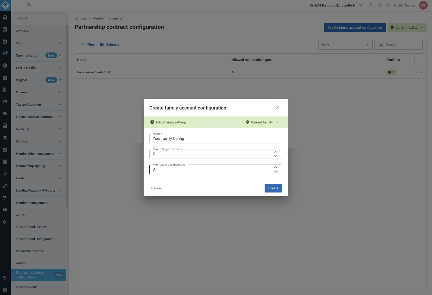Diálogo Crear configuración de cuenta familiar con el nombre, los permisos y las cuotas para socios mayores y menores de edad