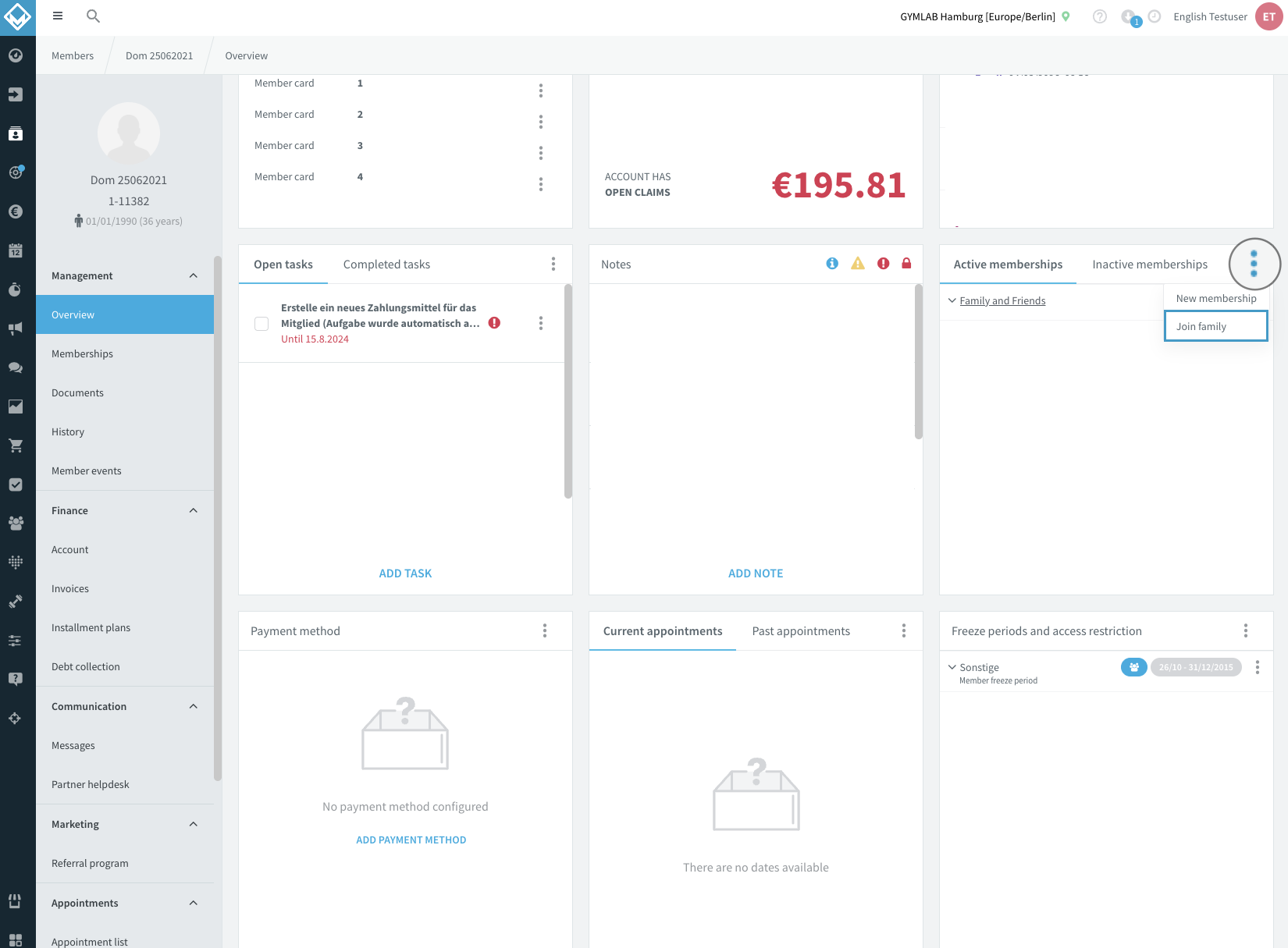 Ledenprofiel met het geopende menu met drie puntjes van het widget Actieve contracten, met de actie Word lid van familie