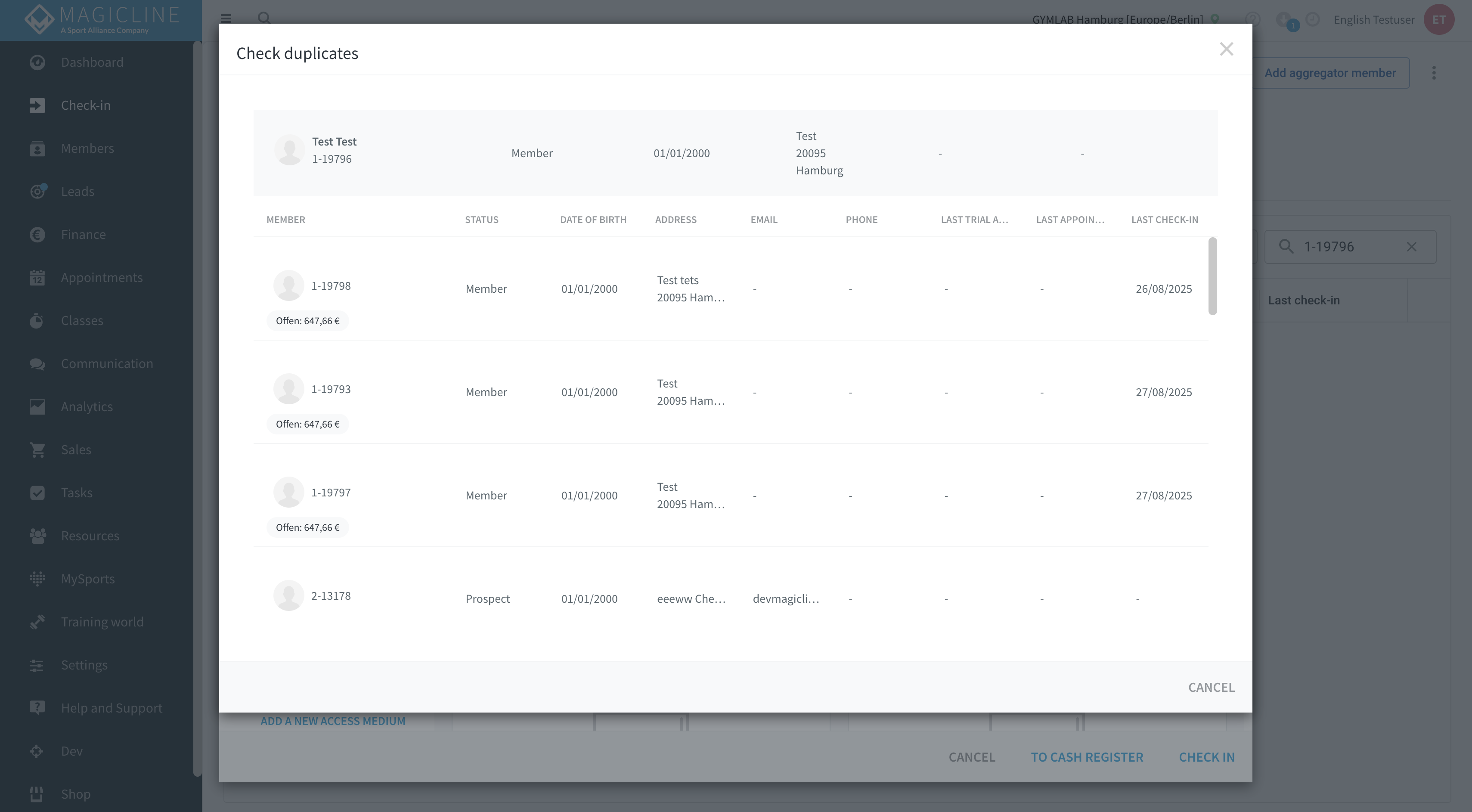 Modal dei duplicati con le colonne Last Trial Appointment, Last Appointment e Last Check-in