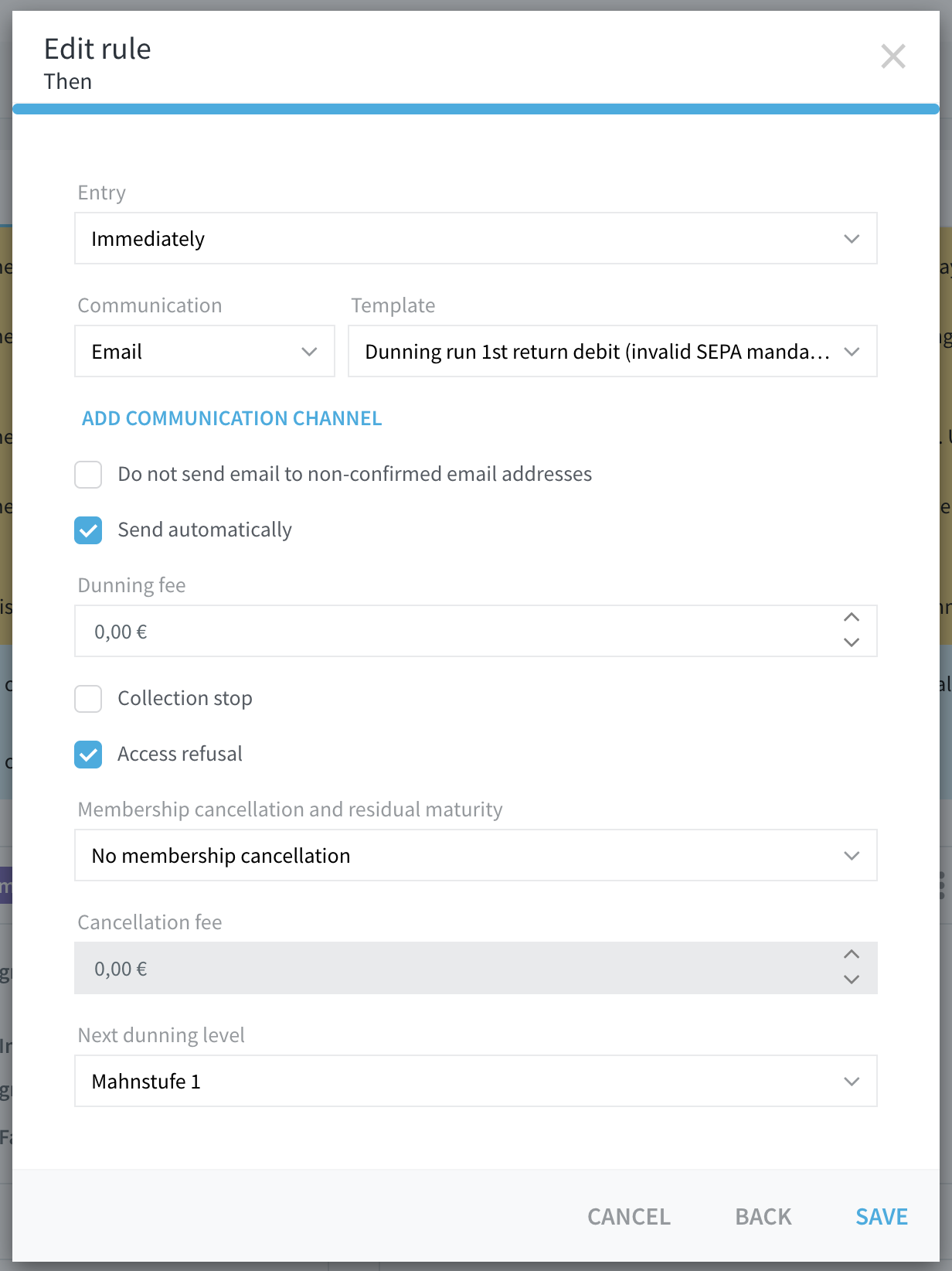 Edit rule dialog with the Dunning fee field