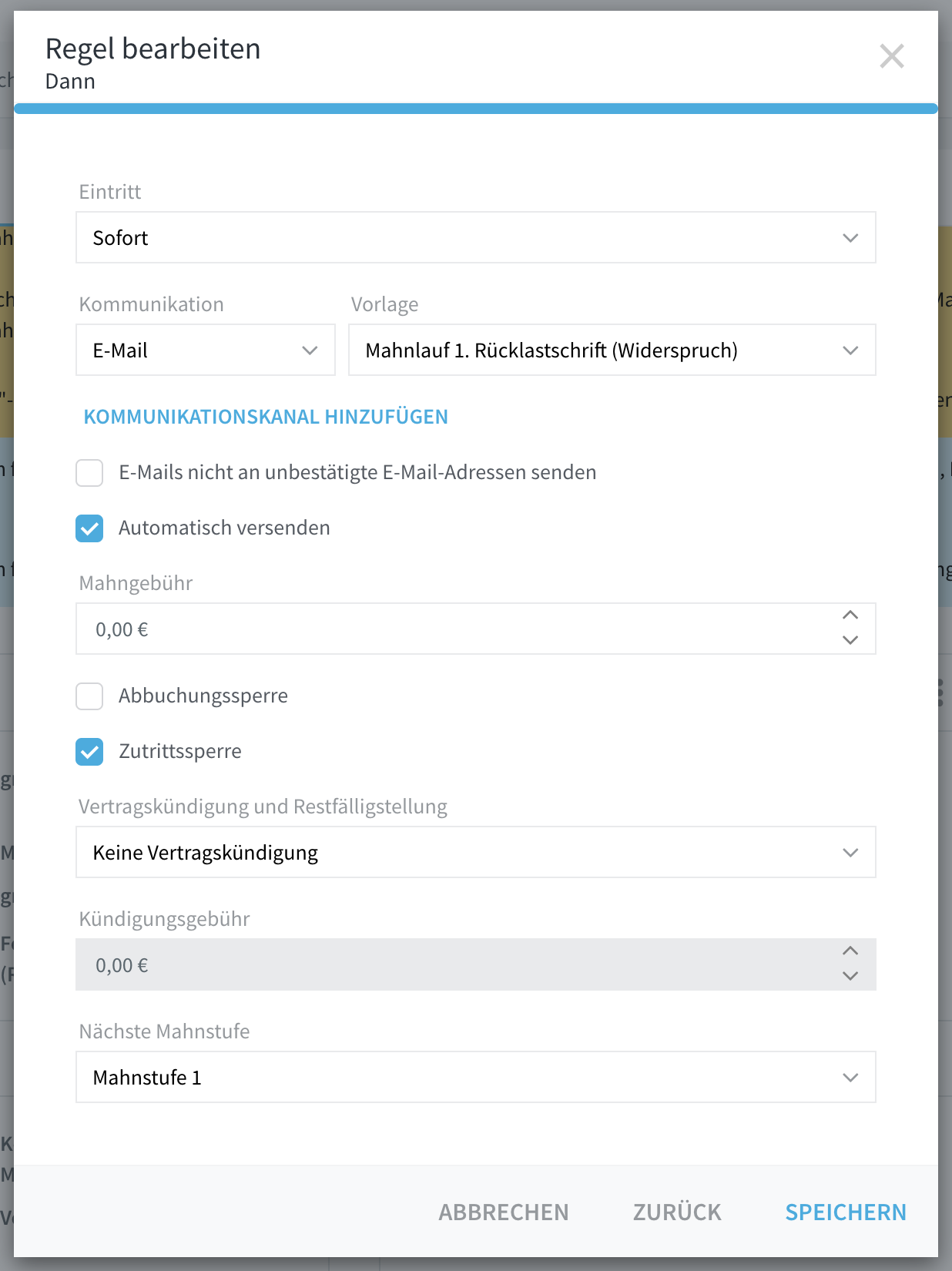 Dialog Regel bearbeiten mit dem Feld Mahngebühr