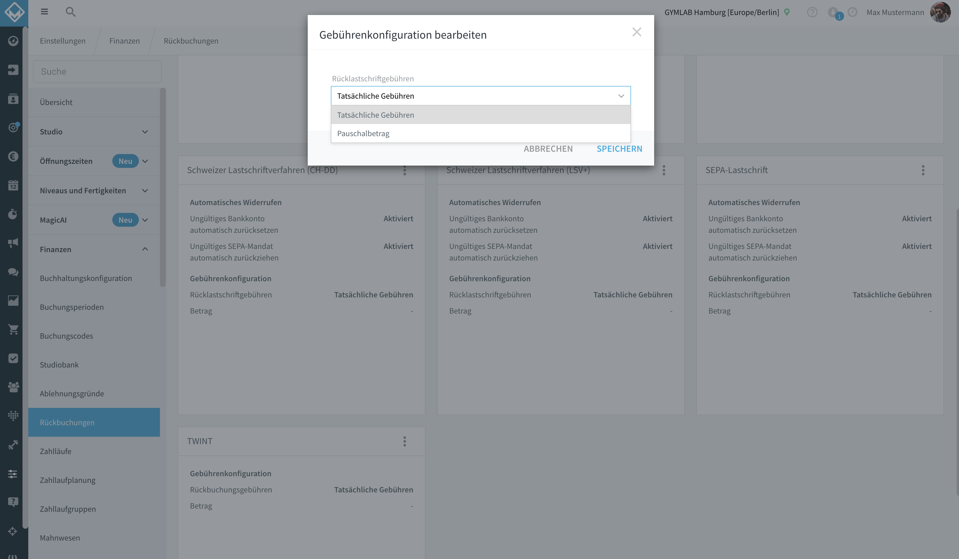Dialog Gebührenkonfiguration bearbeiten mit den Optionen Tatsächliche Gebühren und Pauschalbetrag