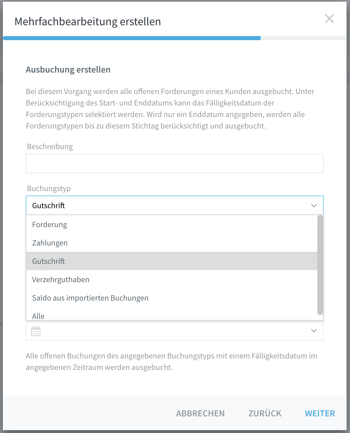 Booking type dropdown with options Claim, Payments, Credit, Consumption credit, Balance from imported bookings, All