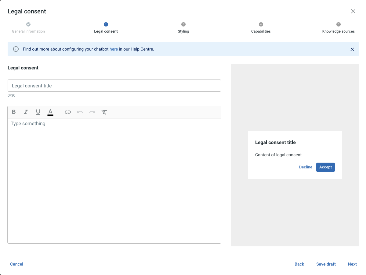 Diálogo de configuración, sección Consentimiento legal con los campos de título y contenido más el panel de vista previa que muestra el diálogo Rechazar / Aceptar que ven los socios.