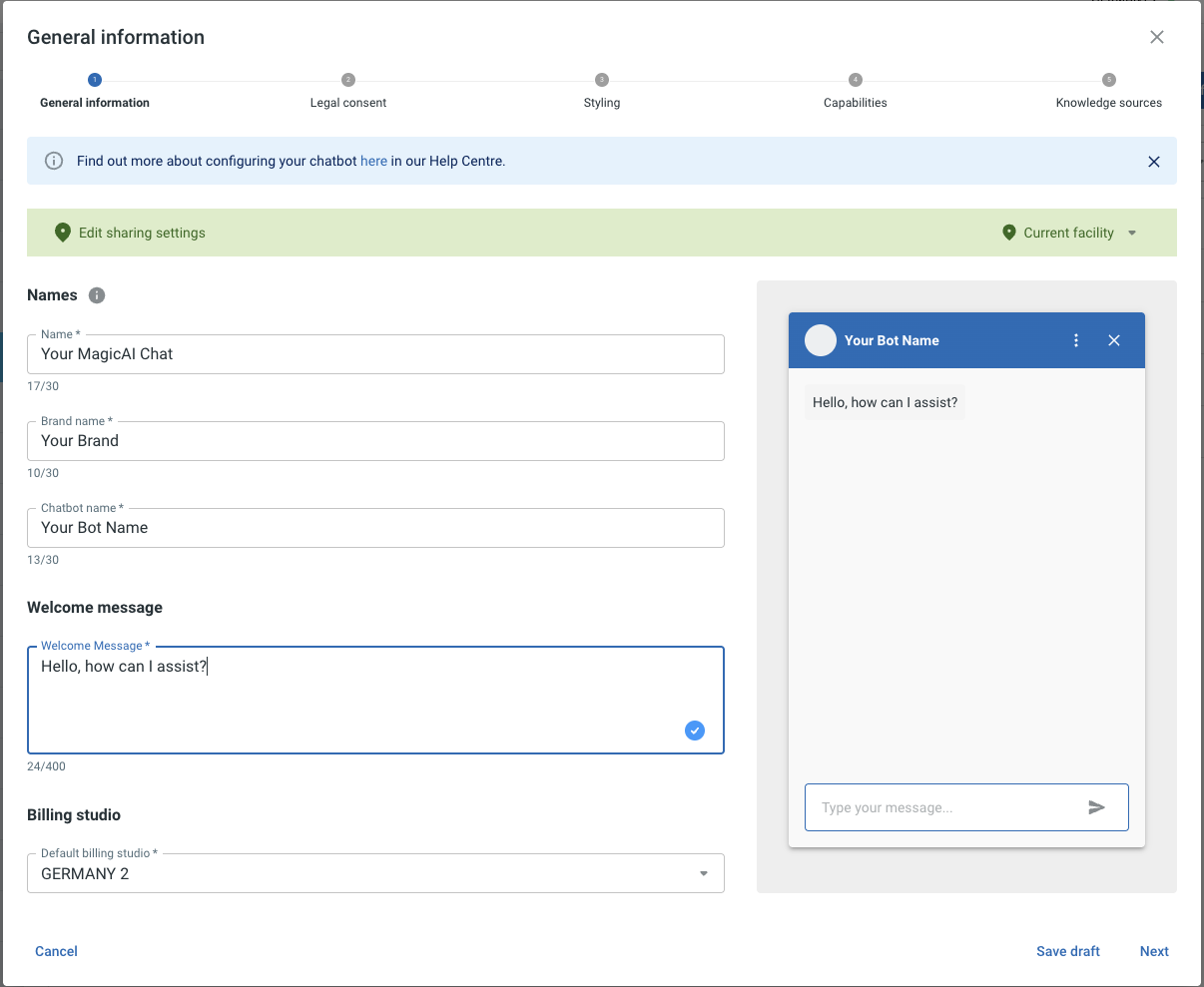 Configuratievenster, sectie Basisinformatie met de subblokken Namen, Welkomstbericht en Factureringsstudio.