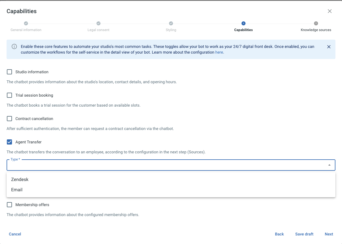 Sélecteur de type de Transfert humain avec les options Email et Zendesk.