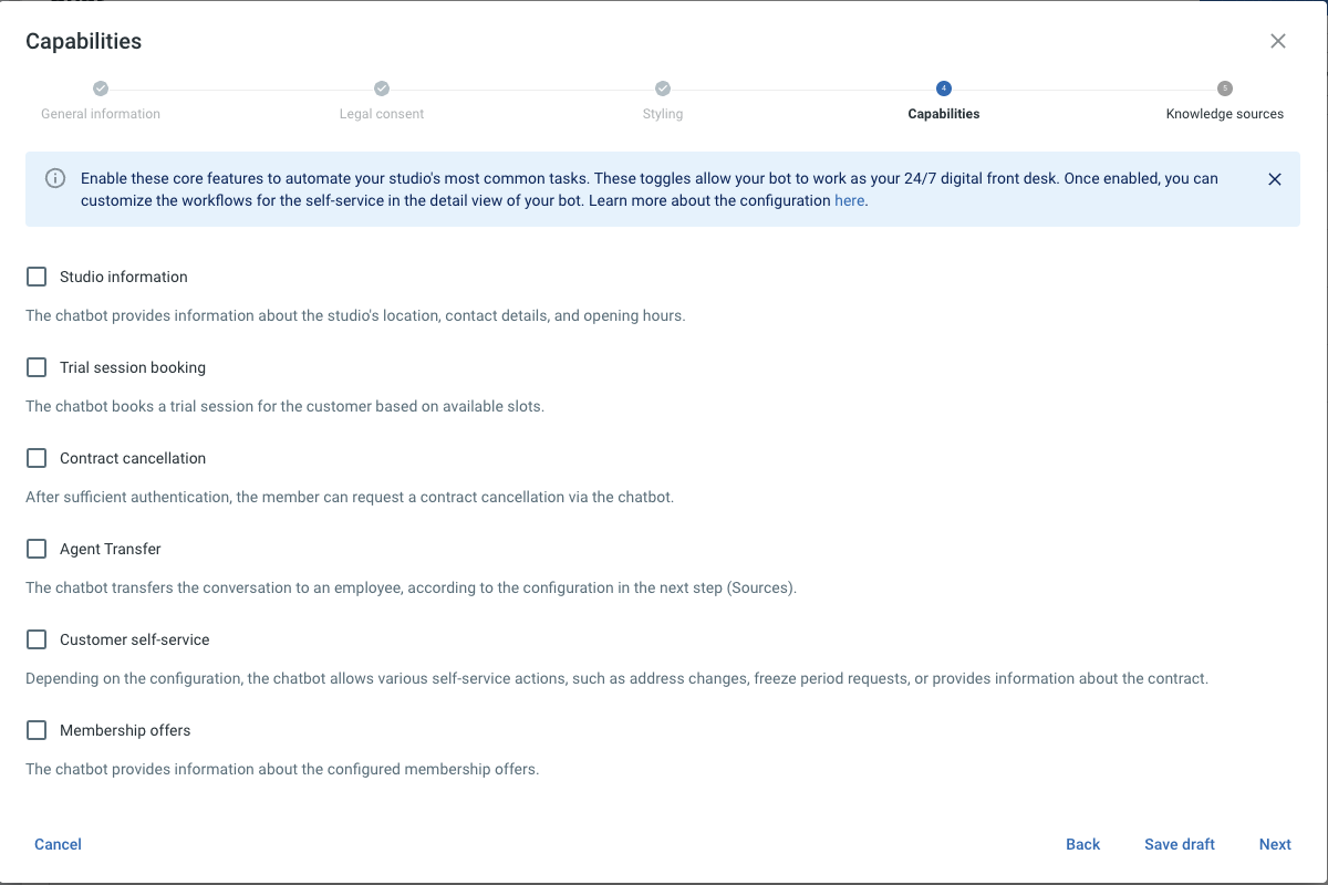 Finestra di dialogo di configurazione, sezione Funzionalità con i sei interruttori di funzionalità (Informazioni sullo studio, Prenotazione di una sessione di prova, Annullamento del contratto, Passaggio di consegne umano, Self-service per i clienti, Offerte di abbonamento).