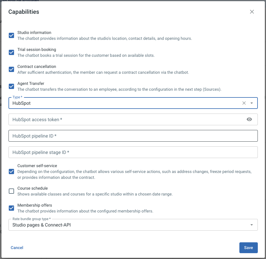 Capabilities dialog with Agent Transfer selected and Type HubSpot, showing the HubSpot access token, pipeline ID and pipeline stage ID fields.