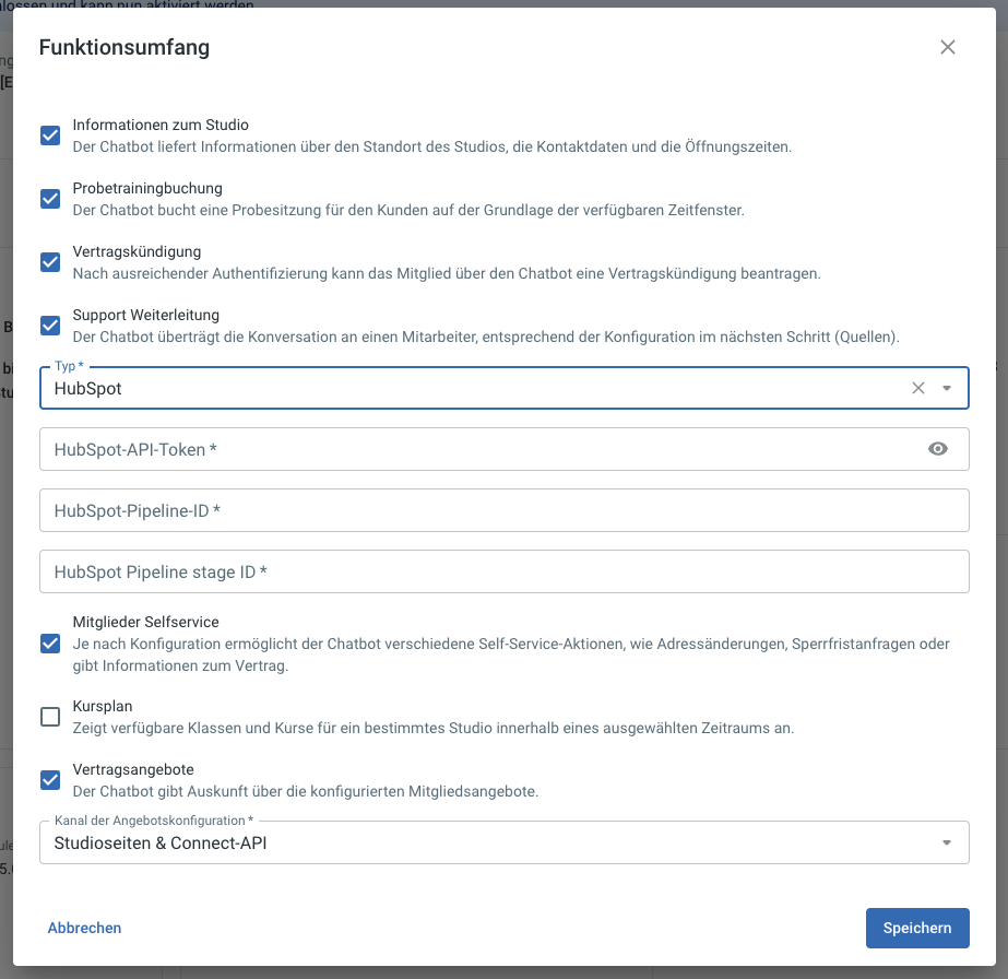 Funktionsumfang-Dialog mit Support Weiterleitung und Typ HubSpot: Felder HubSpot-API-Token, HubSpot-Pipeline-ID und HubSpot Pipeline stage ID.