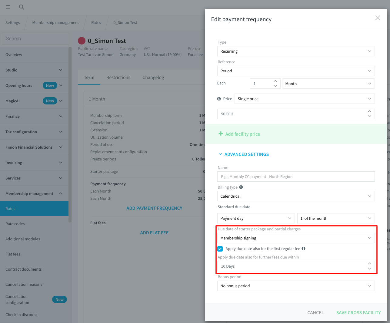 Edit payment frequency dialog with the due date settings under Advanced settings and a window of 10 days