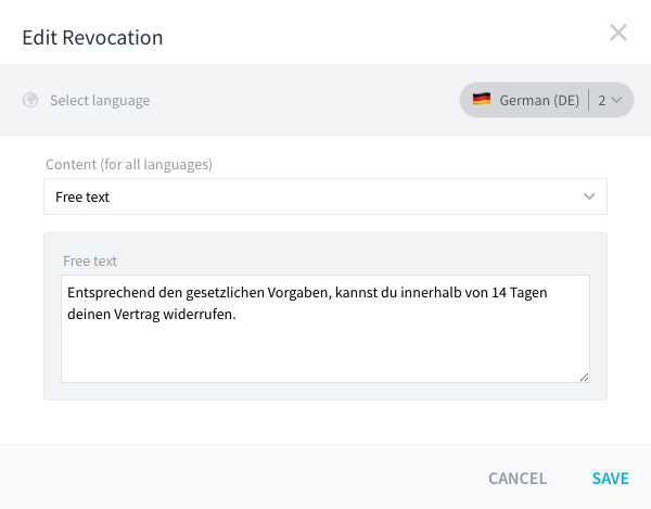 Edit revocation dialog on the operating company with a free text field and a URL field