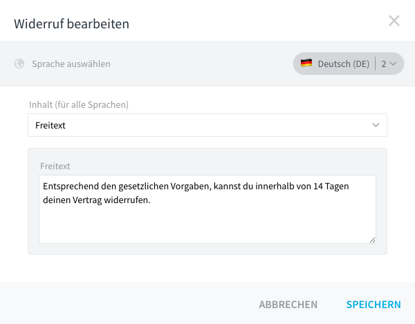 Dialog Widerruf bearbeiten der Betriebsgesellschaft mit einem Freitextfeld und einem URL-Feld