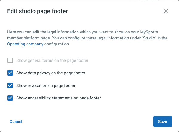 Edit studio page footer dialog with the option to show the revocation on the page footer