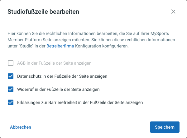 Dialog Studiofußzeile bearbeiten mit der Option Widerruf in der Fußzeile der Seite anzeigen