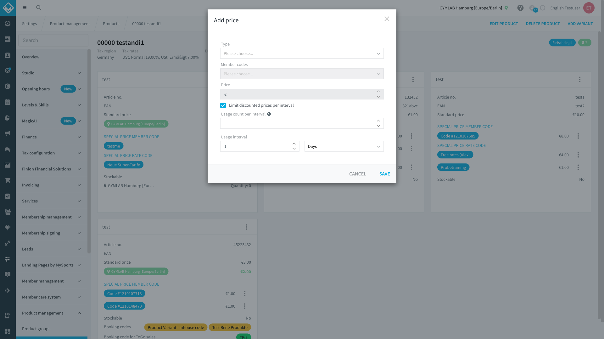 Add price dialog with the usage-limit toggle, usage count and usage interval