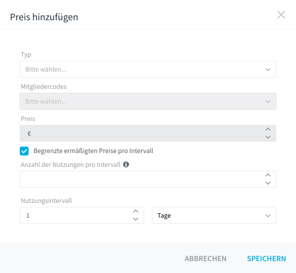 Dialog Preis hinzufügen mit Nutzungslimit