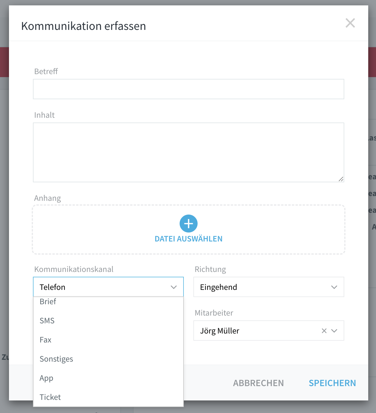 Kommunikationskanal-Dropdown mit der Option Ticket