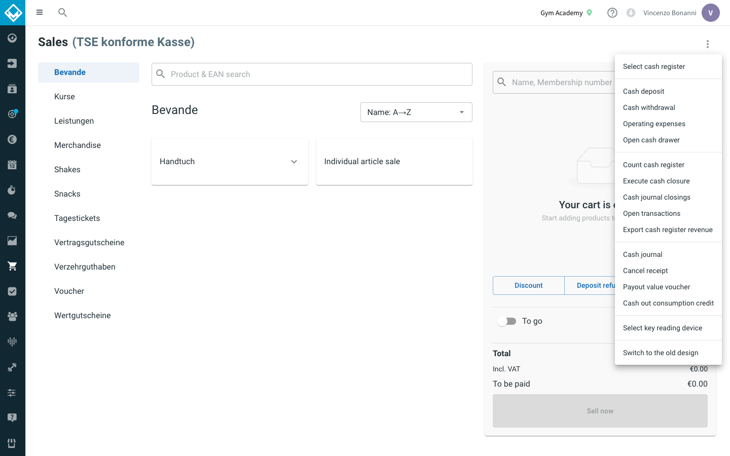 Sales page header overflow menu open showing 'Cash journal'